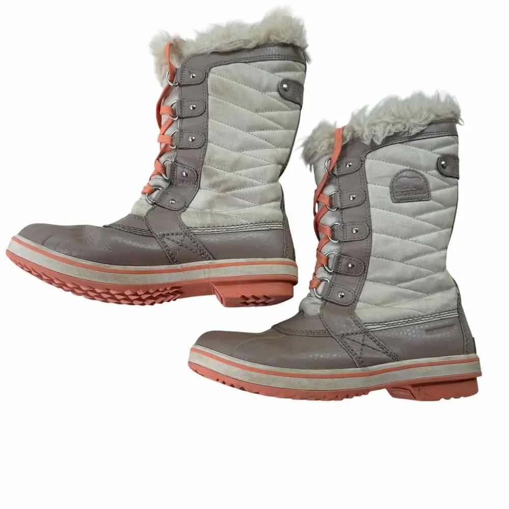 Sorel Tofino II Quilted Waterproof Winter Snow Boots Size 7 Beige Brown Faux Fur